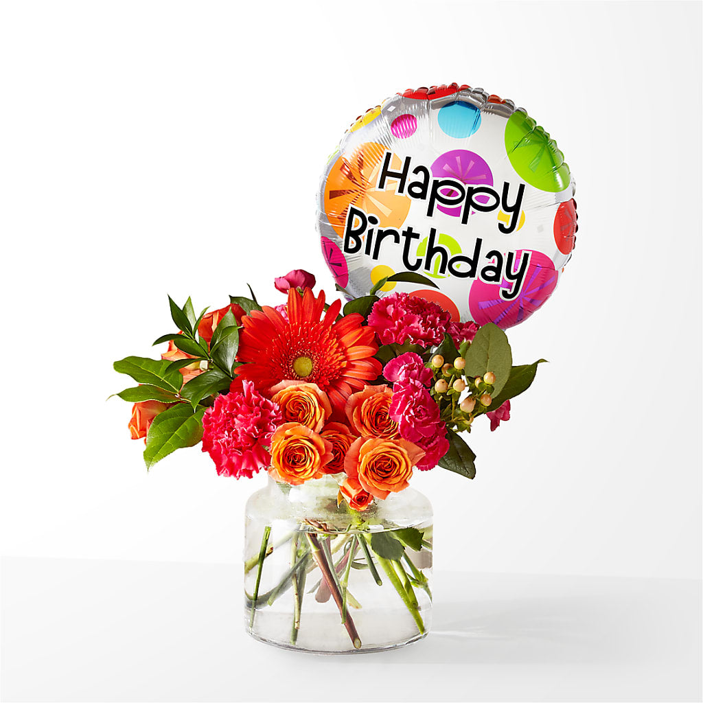 Fiesta Bouquet with Birthday Balloon – MEME'S FRANKLIN FLOWER SHOP, Franklin LA