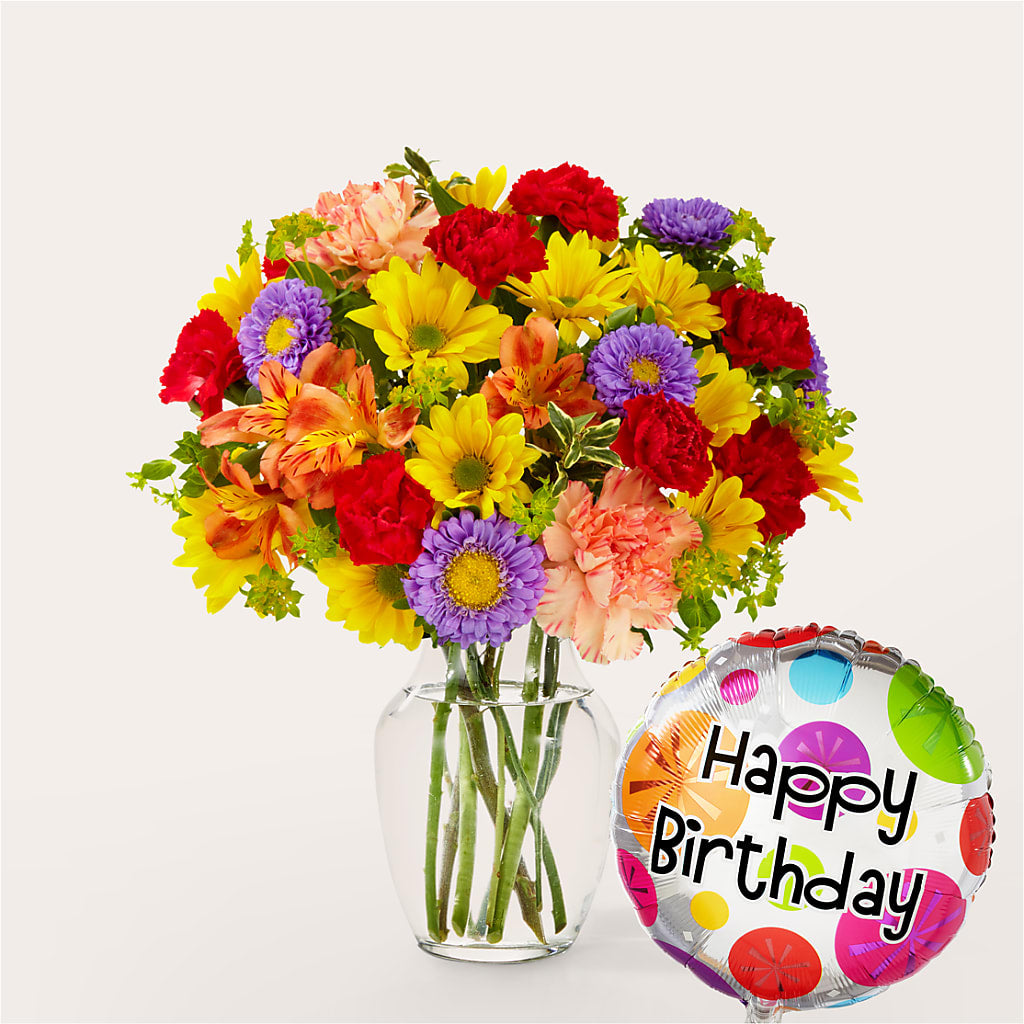 Kaleidoscope Bouquet with Birthday Balloon – MEME'S FRANKLIN FLOWER SHOP, Franklin LA