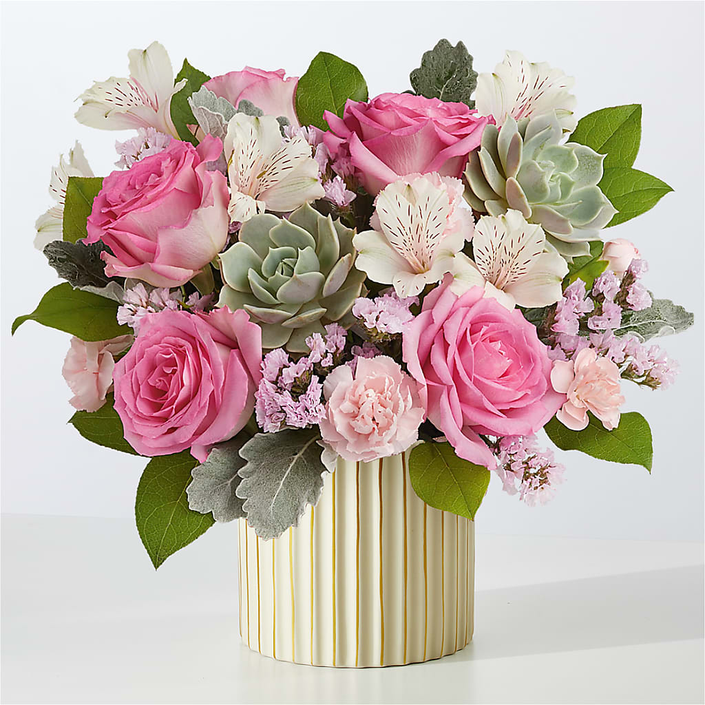 Dusty Rose Bouquet with Ivory Vase – MEME'S FRANKLIN FLOWER SHOP, Franklin LA