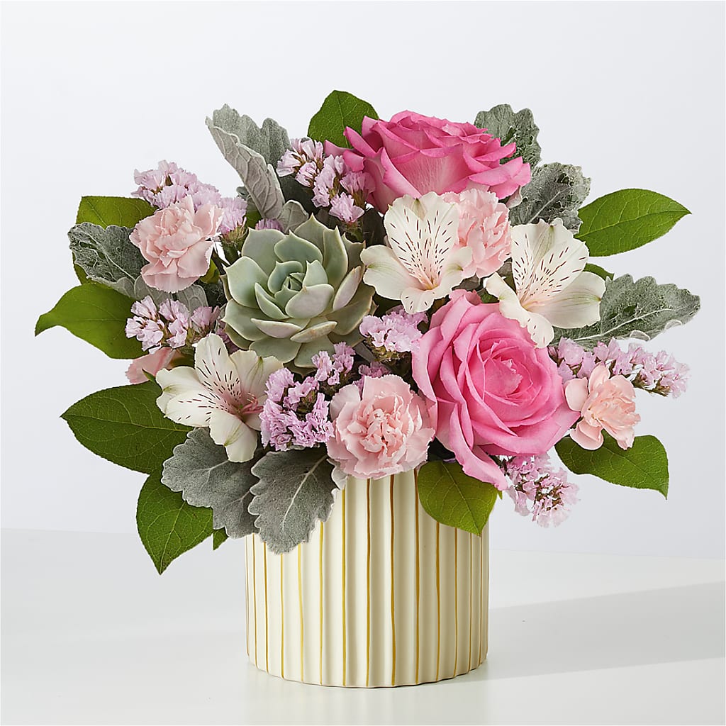 Dusty Rose Bouquet with Ivory Vase – MEME'S FRANKLIN FLOWER SHOP, Franklin LA