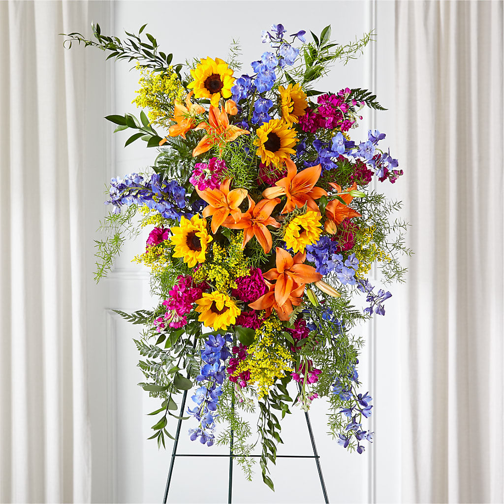 Sunlit Memories Standing Spray (Standard) – MEME'S FRANKLIN FLOWER SHOP, Franklin LA