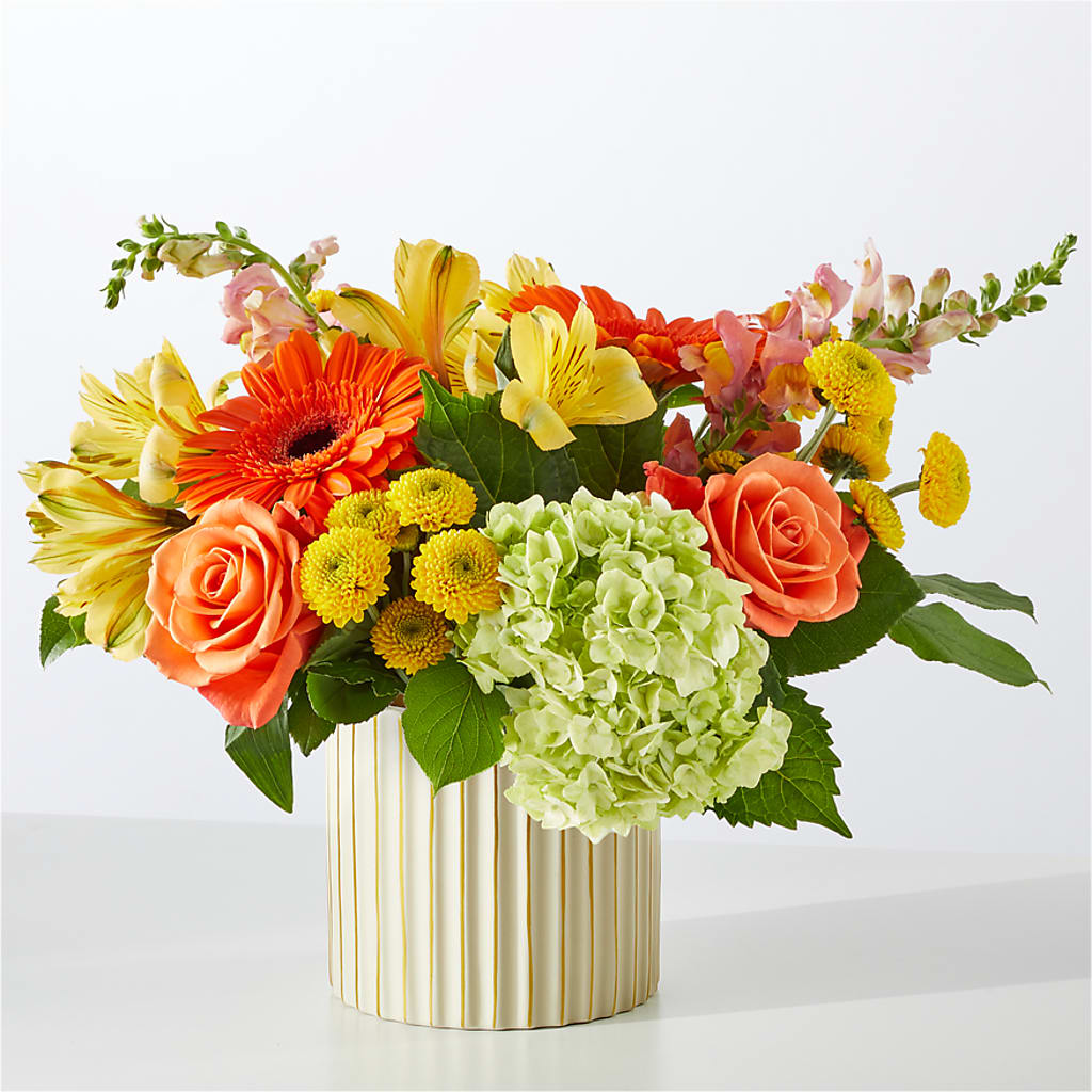 Autumn Sunshine Bouquet with Ivory Vase – MEME'S FRANKLIN FLOWER SHOP, Franklin LA