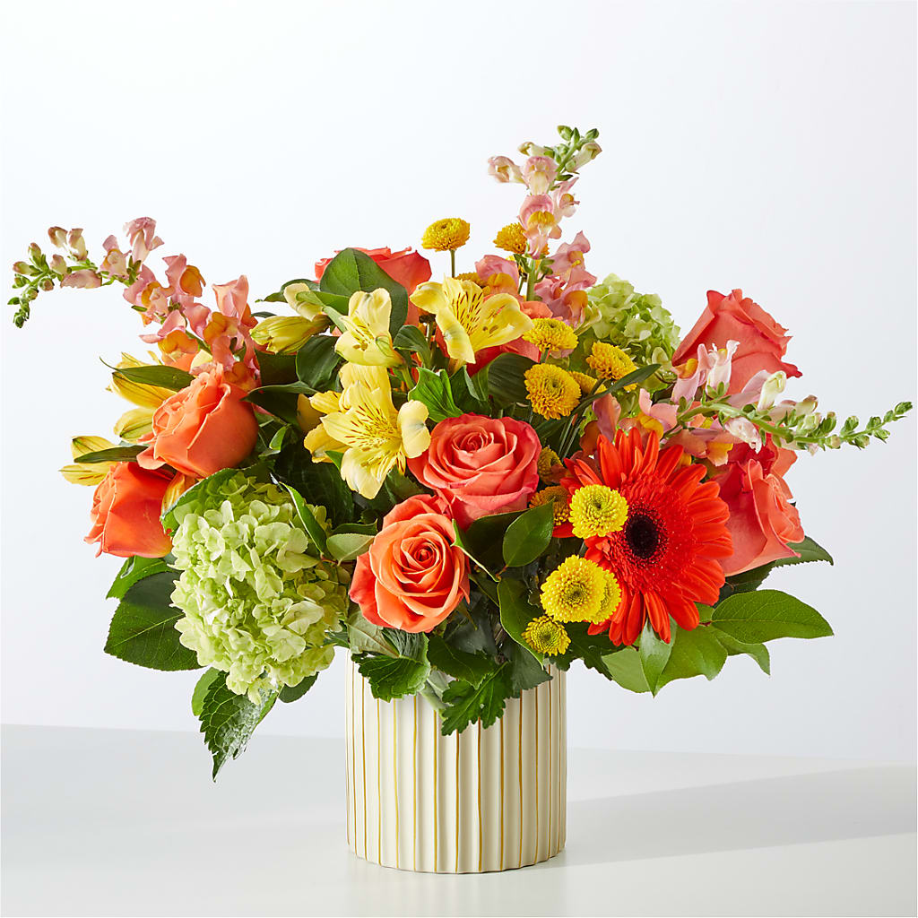 Autumn Sunshine Bouquet with Ivory Vase – MEME'S FRANKLIN FLOWER SHOP, Franklin LA