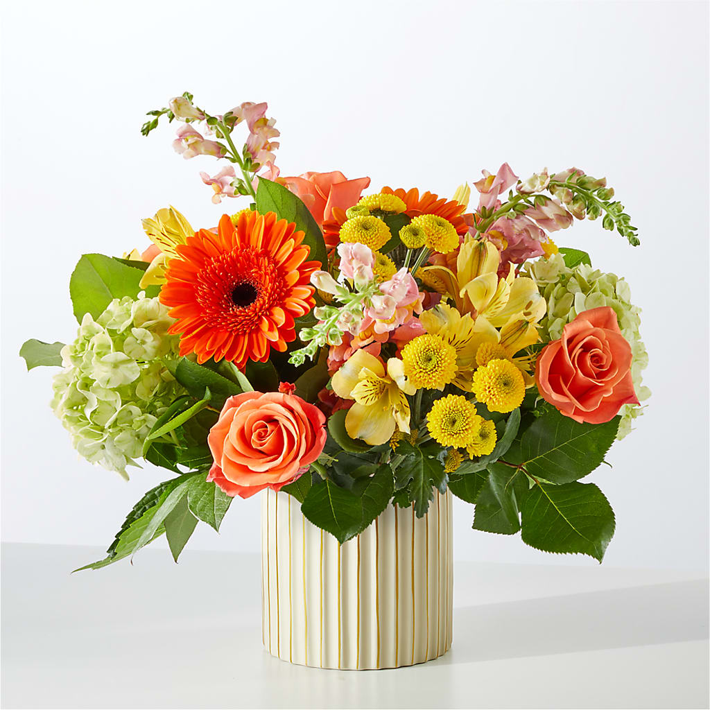 Autumn Sunshine Bouquet with Ivory Vase – MEME'S FRANKLIN FLOWER SHOP, Franklin LA