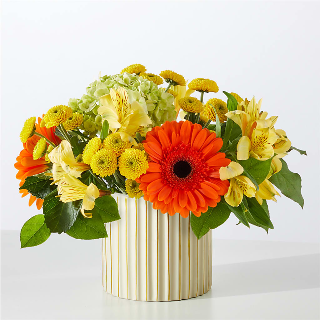Autumn Sunshine Bouquet with Ivory Vase – MEME'S FRANKLIN FLOWER SHOP, Franklin LA